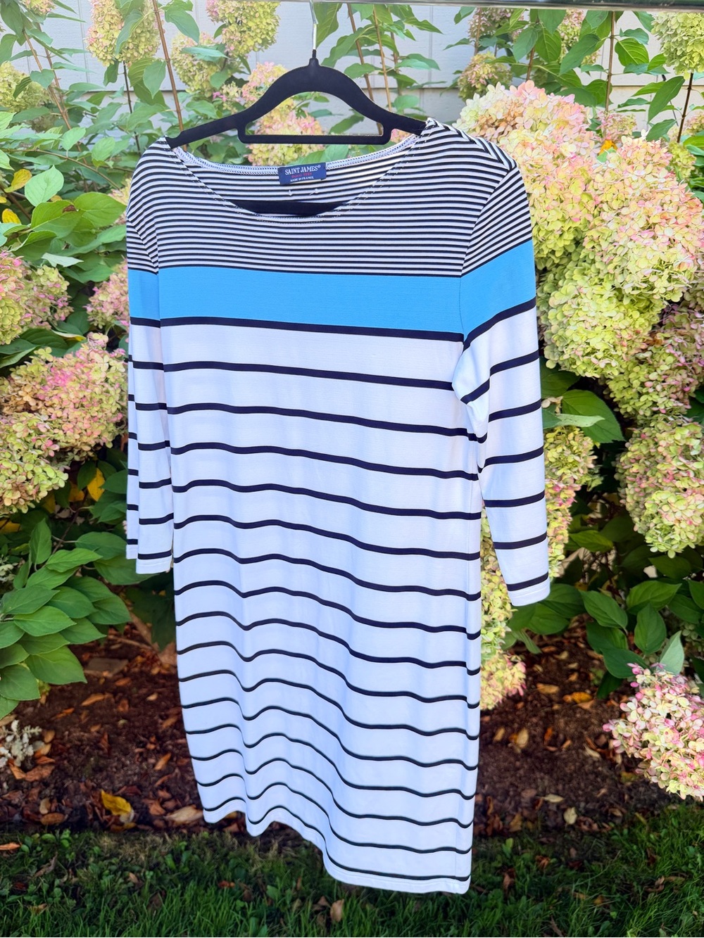 Saint James White Dress with Navy Stripes and Bright Blue Yoke